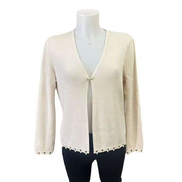 St. John Sport Ribbed Knit Wool Blend Cardigan with Faux Pearl Trims sz Small - Picture 1 of 10